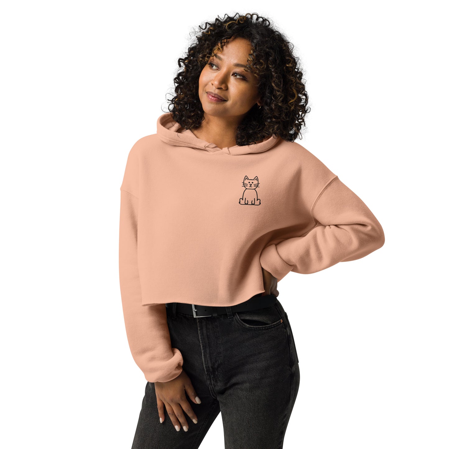Adult Crop Hoodie Embroidered Black Cat